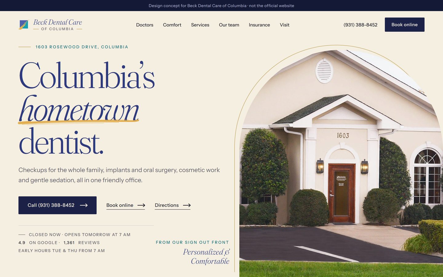 Beck Dental Care of Columbia design concept, home page on a computer