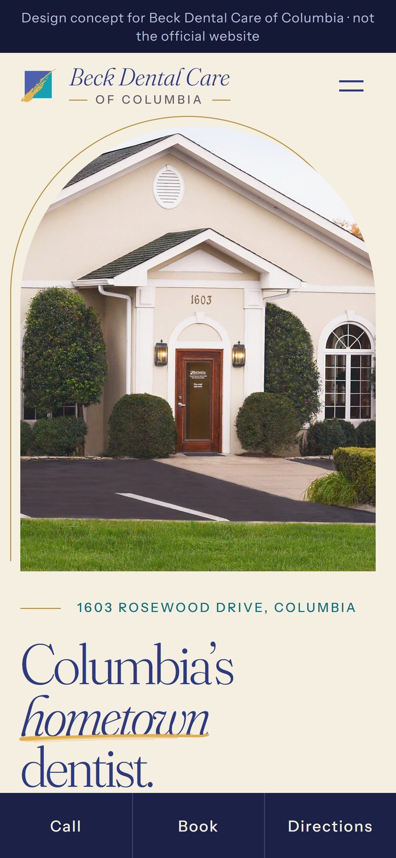 Beck Dental Care of Columbia design concept, home page on a phone