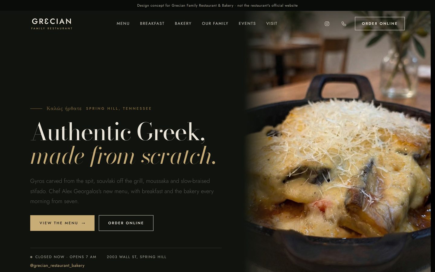 Grecian Family Restaurant & Bakery design concept, home page on a computer