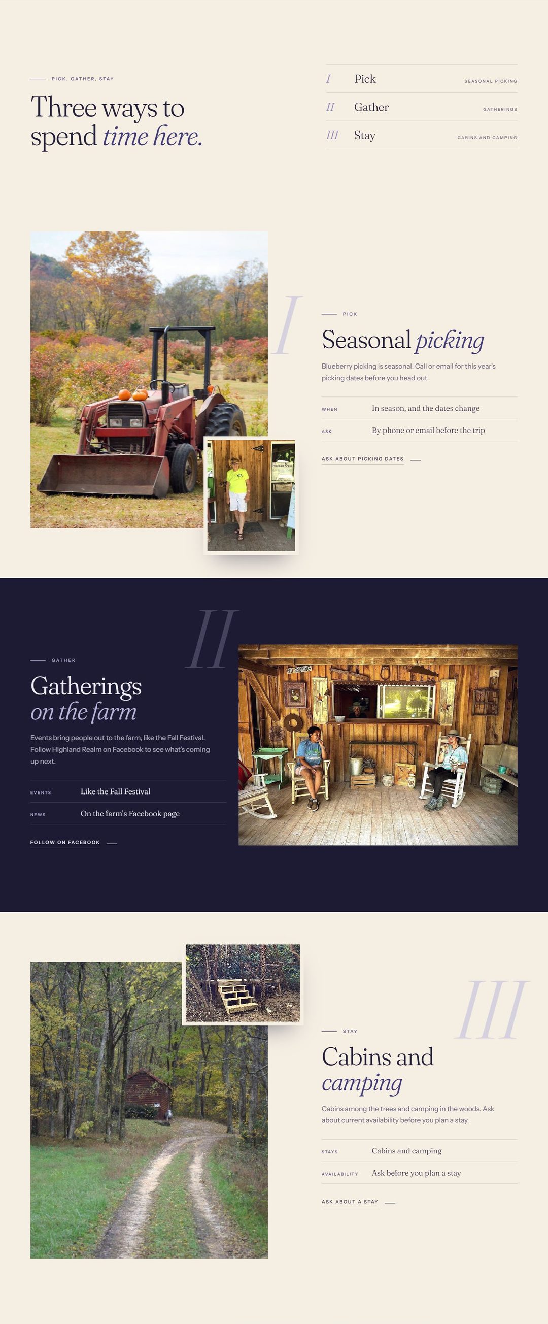 Highland Realm Blueberry Farm design concept, the Pick, Gather and Stay chapters of its home page
