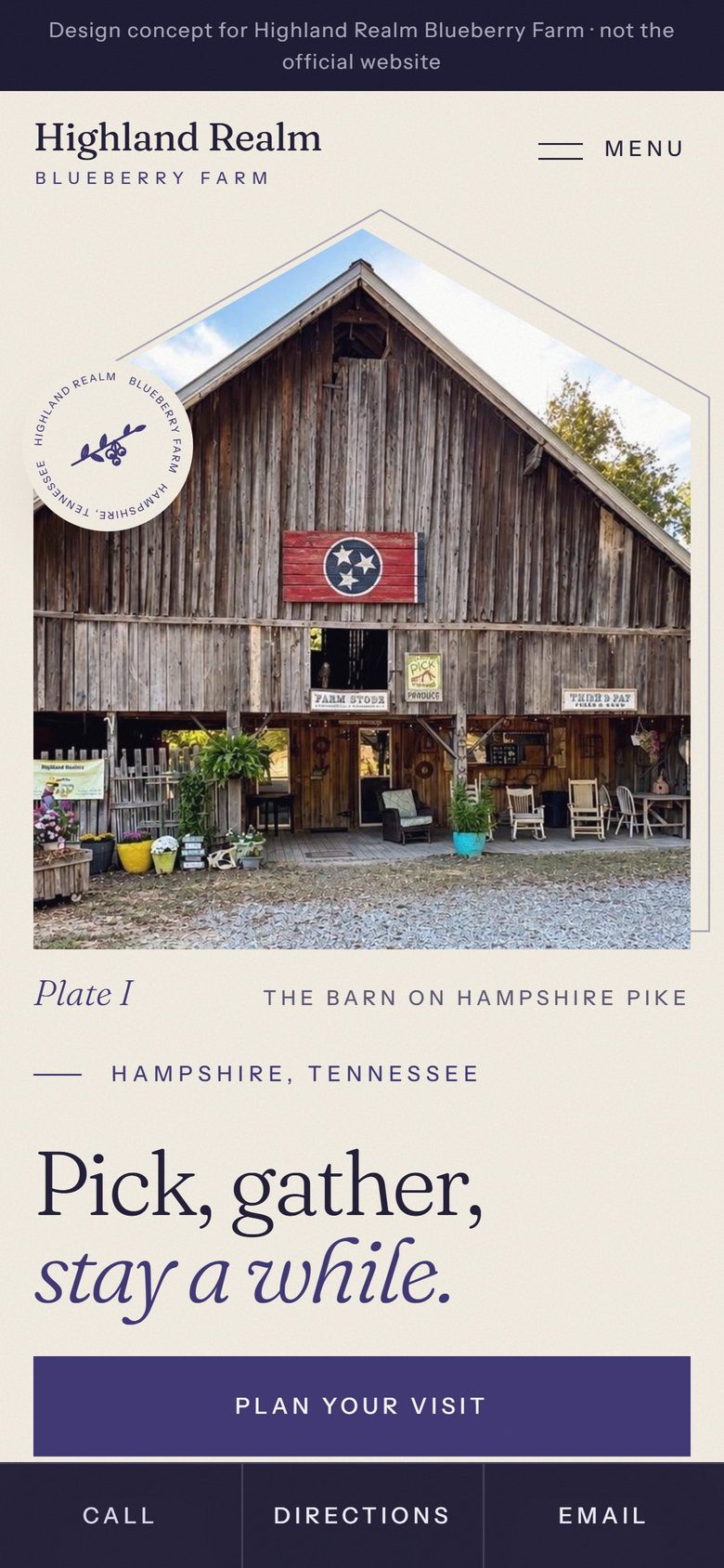Highland Realm Blueberry Farm design concept, home page on a phone