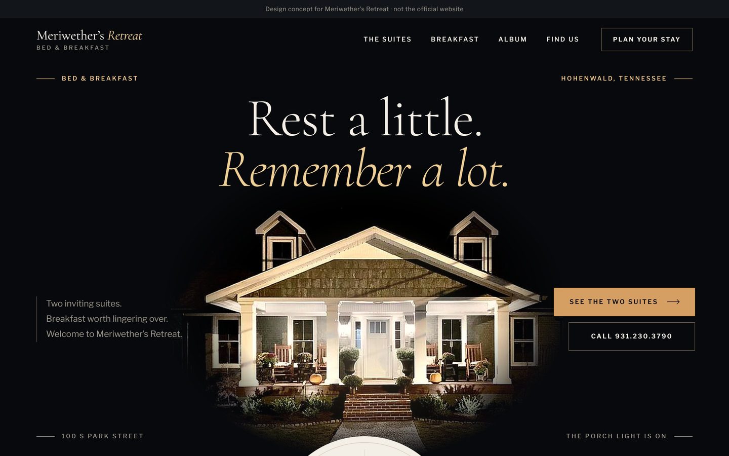 Meriwether&rsquo;s Retreat design concept, home page on a computer