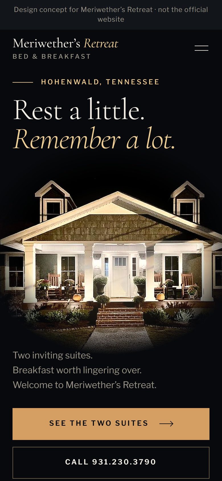 Meriwether&rsquo;s Retreat design concept, home page on a phone