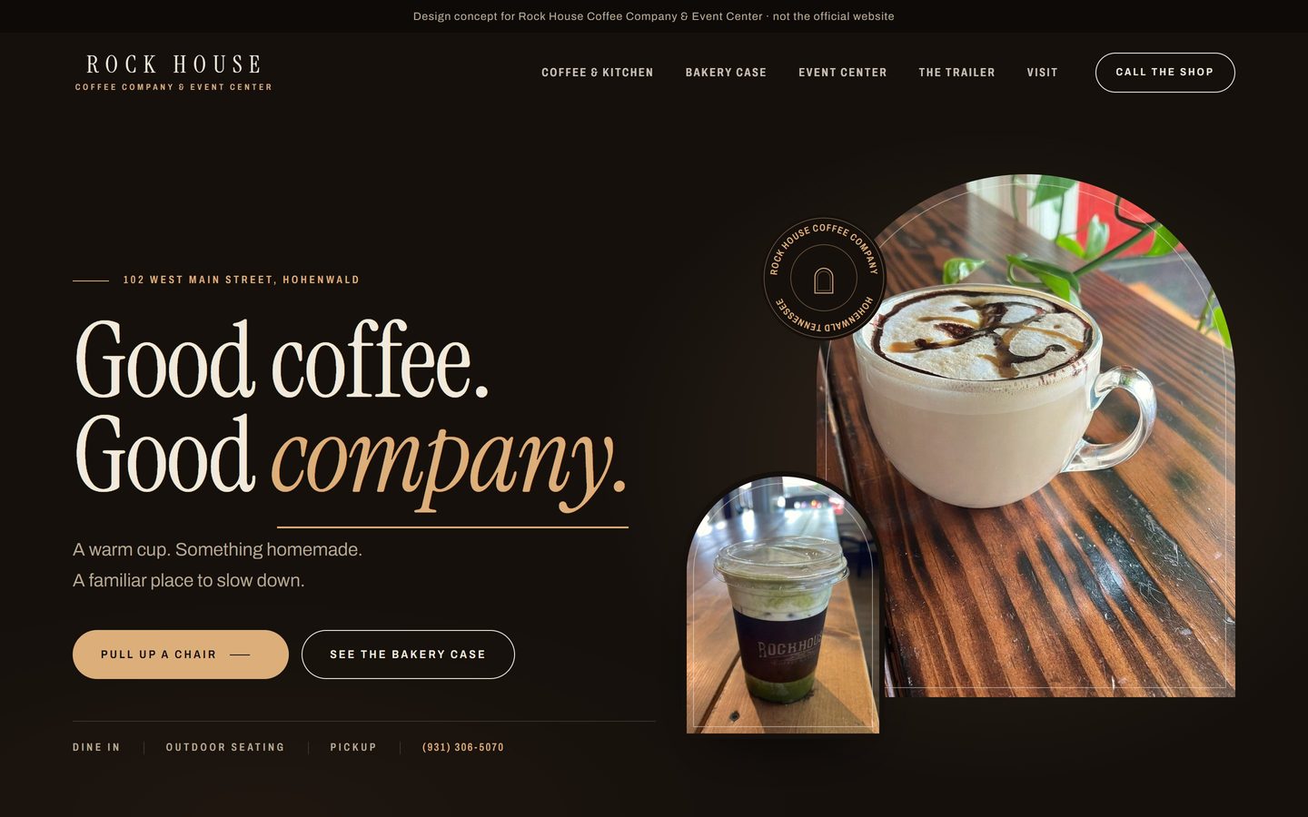 Rock House Coffee Company & Event Center design concept, home page on a computer