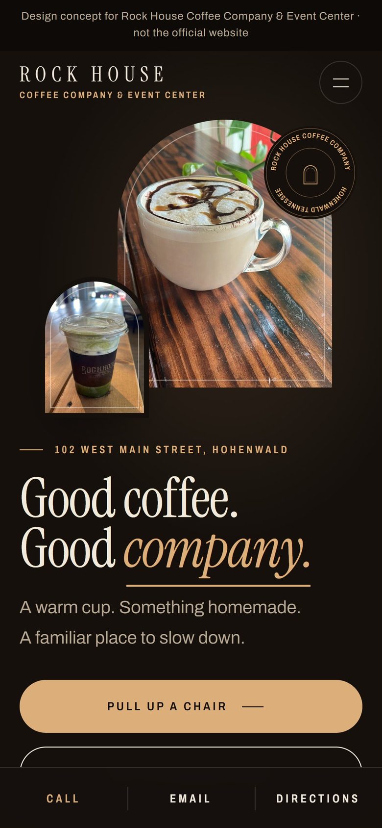 Rock House Coffee Company & Event Center design concept, home page on a phone